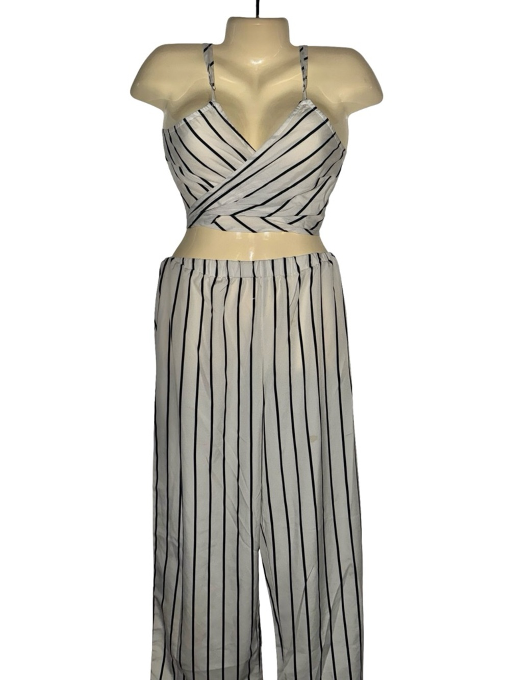 SHEIN White & Black Striped Two-Piece Wide-Leg Jumpsuit Set